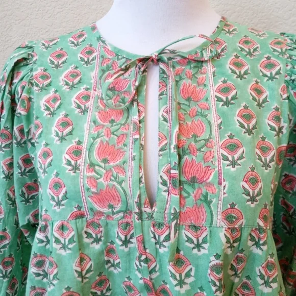 Marea mint green and pink block print balloon sleeve babydoll dress - Picture 4 of 8